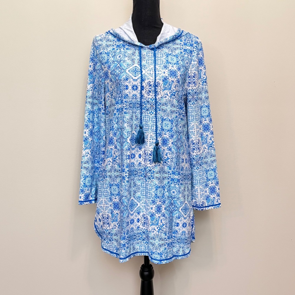 Aqua Et Sol Blue White Tile Print Hood Swim Cover Up Tunic Tassel Women L Beach